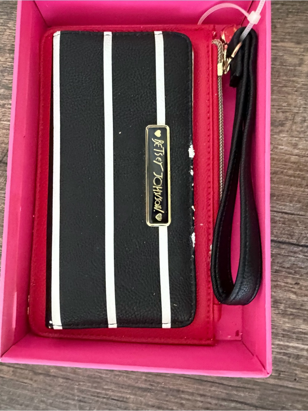 Betsey Johnson Black & White Striped Wristlet with Pink Interior